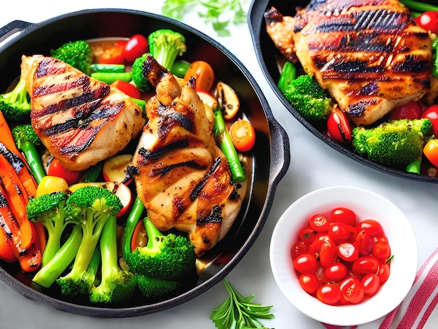 Filetes de pollo a la parrilla con verduras en un plato Enfoque selectivo