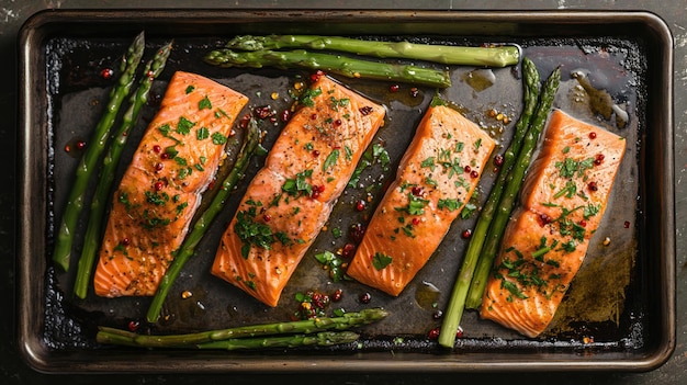 Filetes de salmón a la parrilla con espárragos y especias en la bandeja de horneado vista de arriba