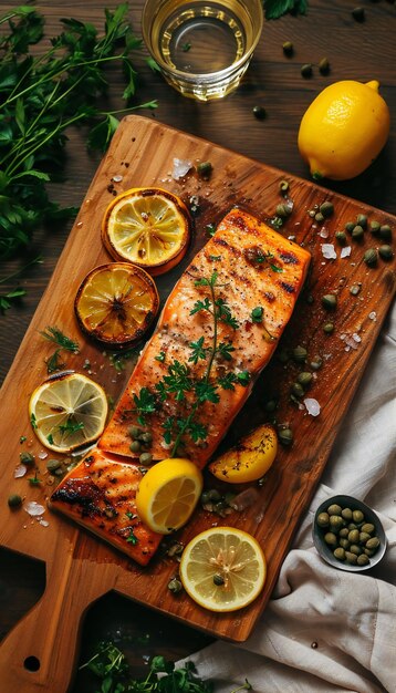 Foto filetes de salmón a la parrilla con limón y alcaparras a bordo