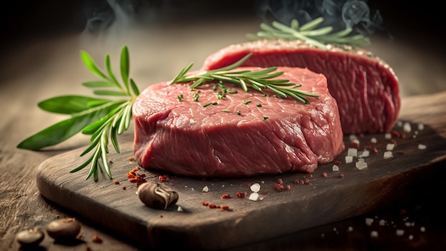 Filetes de ternera cruda con hierbas y especias sobre fondo de madera