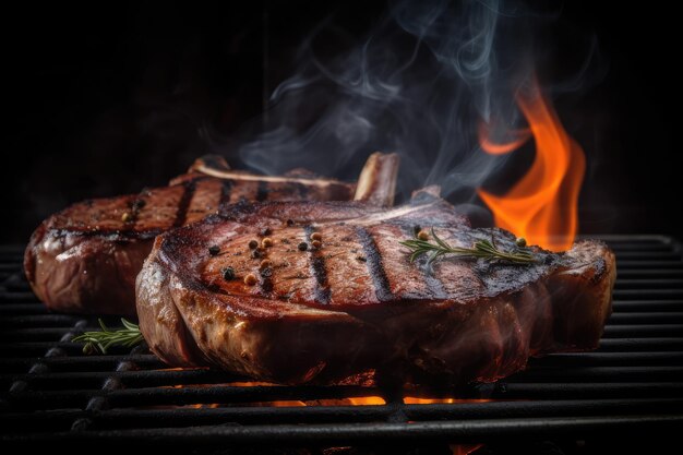 Filetes de ternera a la parrilla con humo y llamas