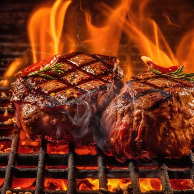 Filetes de ternera a la parrilla con llamas Generativo Ai