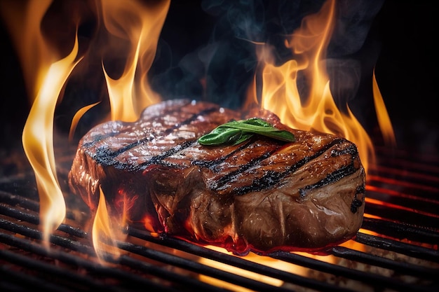 Filetes de ternera a la parrilla en una parrilla con llamas, de cerca.