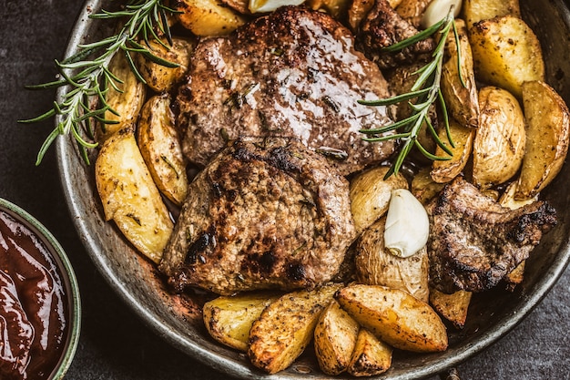 Filetes de ternera a la plancha con salsa barbacoa patatas asadas y romero.