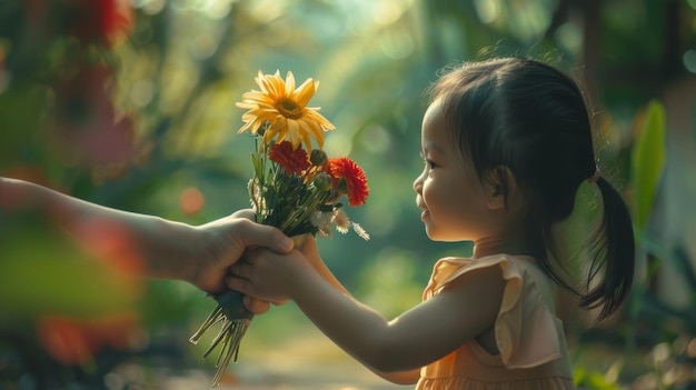 Foto filha dando flores para sua mãe mãe linda e feliz