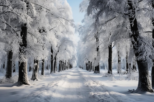 Filha de árvores na floresta de inverno com queda de neve Paisagem de inverno com neve coberta fila de Árvores