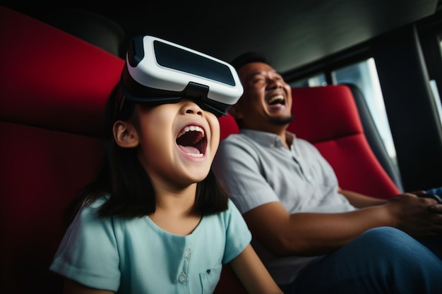 Filha de saída usar fone de ouvido VR jogando jogo virtual inovação esportiva enquanto seus pais sentar e ch