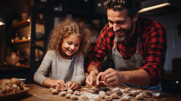 filha e pai preparando biscoitos na cozinha