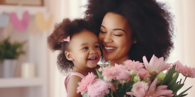 Filha feliz parabeniza a mãe pelo feriado a abraça e dá um buquê de flores em casa