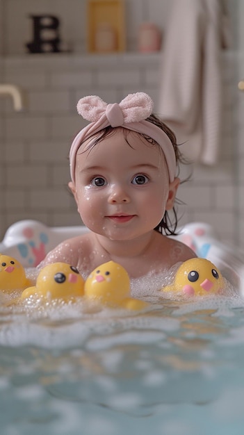 Filha recém-nascida caucasiana linda se divertindo com a água brincando de manhã enquanto toma banho na banheira do bebê