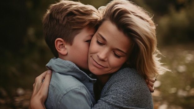 Filho abraçando a mãe com IA generativa