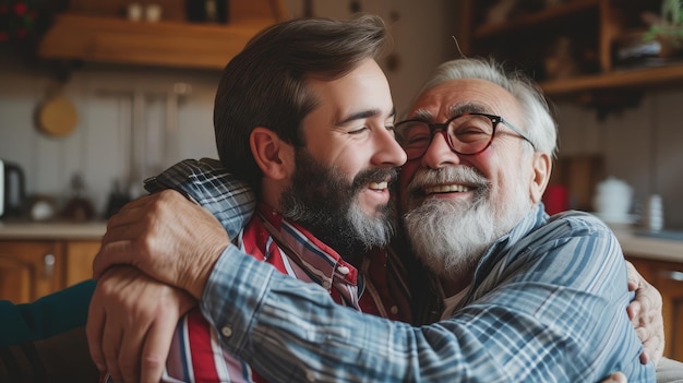 Foto filho adulto hipster divertido abraçando pai idoso sênior em casa duas gerações têm uma barba falando juntos e relaxando com sorriso 2 homem feliz desfrutar de viver em casa no dia do pai39 com amor de família