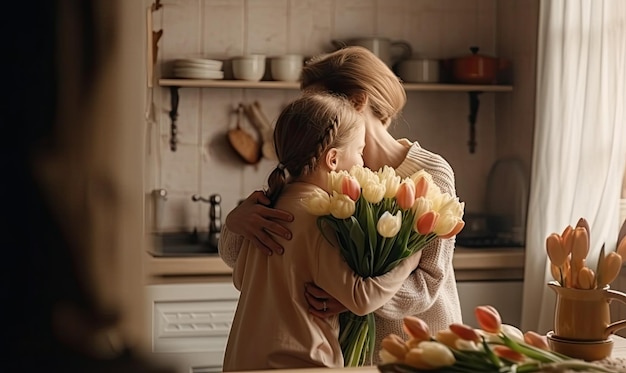 Filho carinhoso beija mãe feliz e dá a ela um buquê de tulipas parabenizando-a pelo dia das mães generativa AI