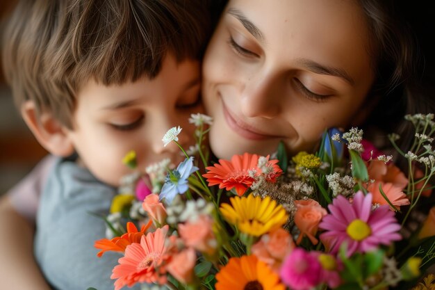 Foto filho com um buquê de flores para a mãe no dia da mãe