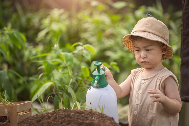 Filho criança plantando vegetais no jardim de casa