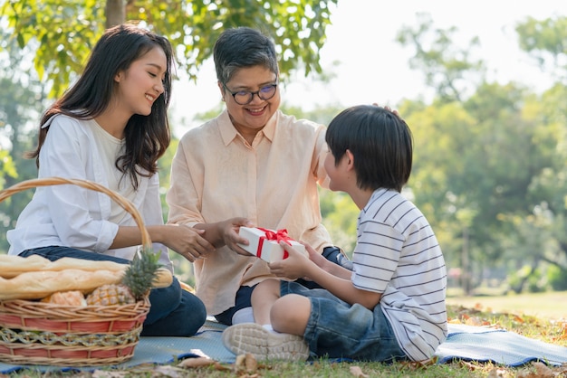 Filho de família asiático e mãe dando uma caixa de presente para a avó enquanto faziam um piquenique no parque