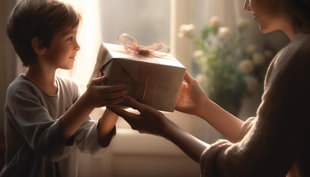 Filho de trás entregando presente para a mãe