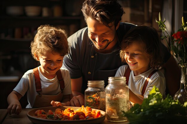 Filho e pais criam laços matinais em cozinha ensolarada IA generativa