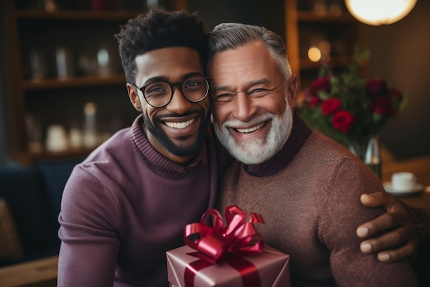 Filho feliz oferecendo um presente de Dia dos Pais para seu pai IA generativa