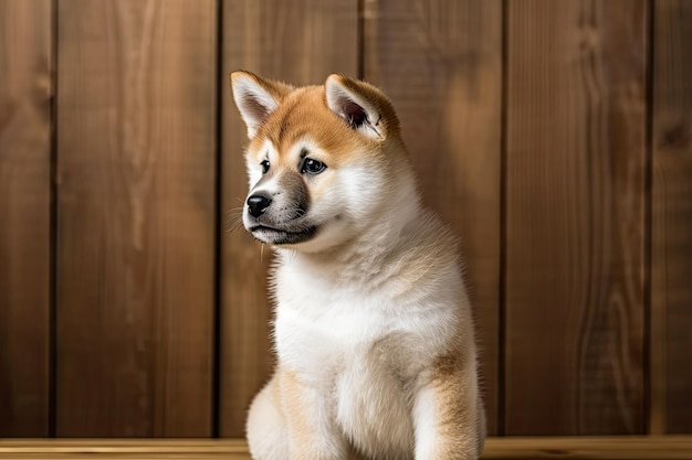 Foto filhote de akita contra um pano de fundo de madeira generative ai