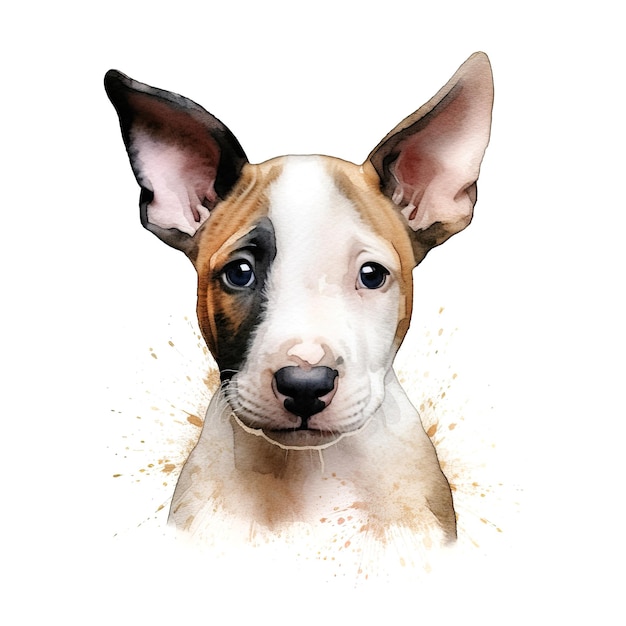 Foto filhote de bull terrier ilustração digital aquarela estilizada de um cachorro fofo com olhos grandes