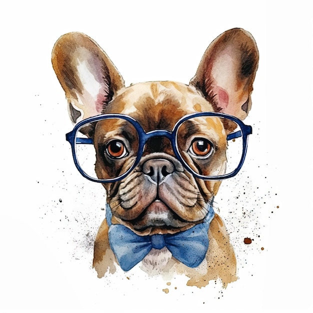 Filhote de bulldog francês usando óculos e gravata borboleta Ilustração digital em aquarela de um cachorro fofo AI