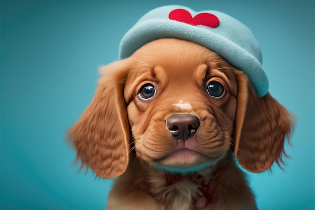 Filhote de cachorro adorável com chapéu engraçado em forma de coração Closeup dentro de casa Cor de fundo Conceito de amor e terness Generative AI