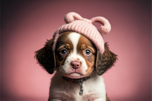 Filhote de cachorro adorável com chapéu engraçado em forma de coração Closeup dentro de casa Cor de fundo Conceito de amor e terness Generative AI