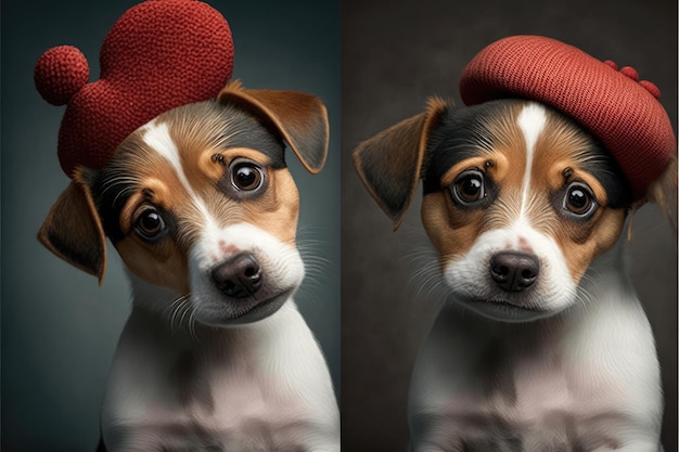 Filhote de cachorro adorável com chapéu engraçado em forma de coração Closeup dentro de casa Cor de fundo Conceito de amor e terness Generative AI