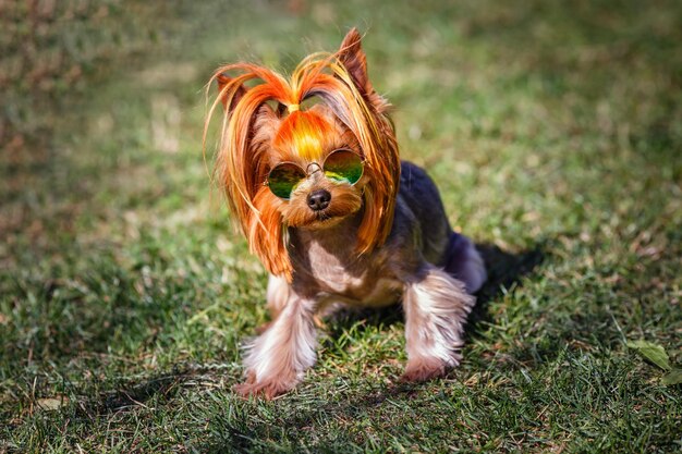 Filhote de cachorro adorável moderno de cachorro pequeno Yorkshire Terrier com óculos de sol de arco-íris no fundo desfocado verde