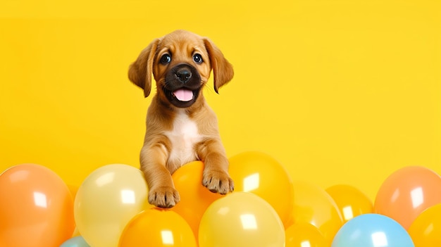 Filhote de cachorro alegre com balões em um fundo amarelo festivo Banner espaço de cópia de cartão postal
