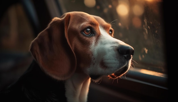 Filhote de cachorro beagle bonito olhando para a câmera ao ar livre gerada por IA