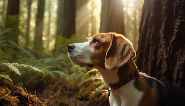 Filhote de cachorro Beagle sentado na grama aproveitando a luz do sol gerada pela IA