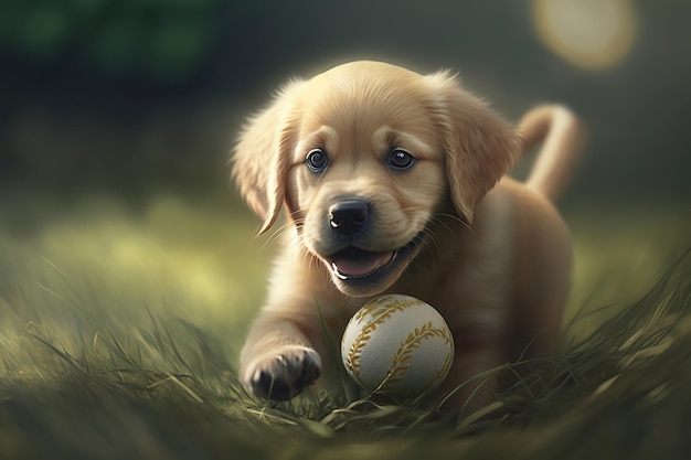 Filhote de cachorro bonito brincando com bola ao ar livre Cão de raça pura correndo atrás de brinquedo na grama verde Ilustração de ai generativa de animais