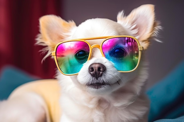 Filhote de cachorro bonito com óculos de sol coloridos simbólicos da campanha LGBTQ Generative Ai