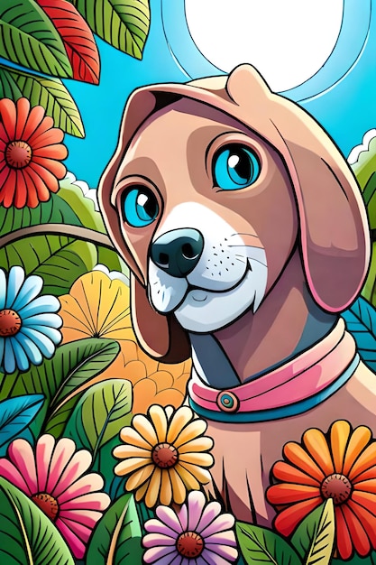 Foto filhote de cachorro bonito dos desenhos animados e ilustração de cachorro