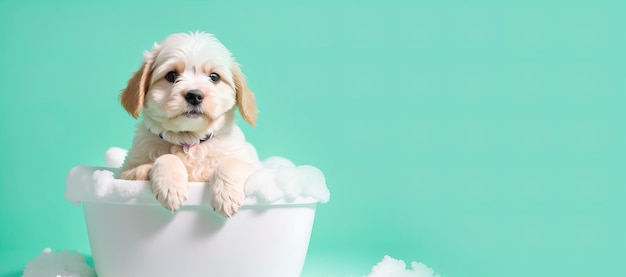 Filhote de cachorro bonito no banner de banho de espuma Generative AI