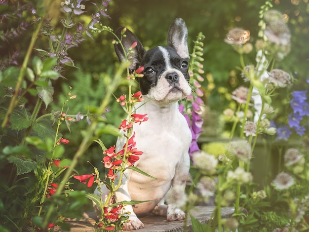 Filhote de cachorro bonito senta-se em um prado perto de flores em crescimento