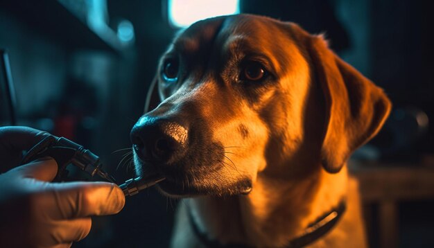 Filhote de cachorro bonito sentado ao ar livre olhando para câmera gerada por IA