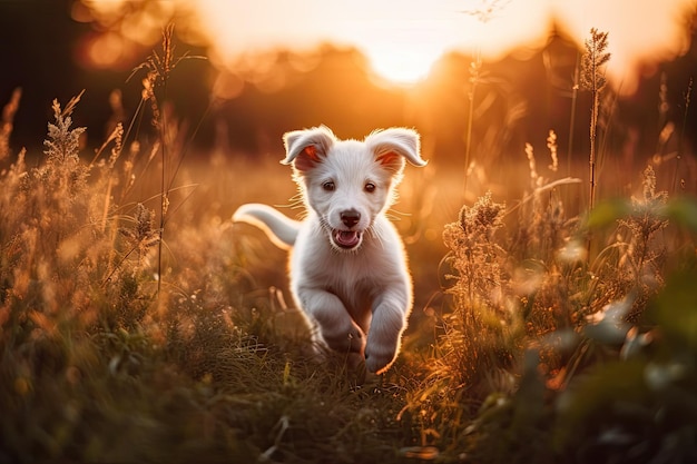 Filhote de cachorro branco brincalhão com pôr do sol magnífico em campos de grama