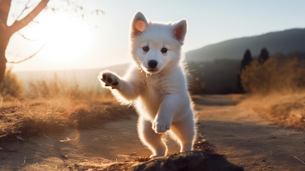 Filhote de cachorro branco feliz na natureza Generative AI