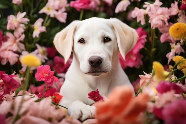 Filhote de cachorro brincalhão explorando um campo de flores IA generativa