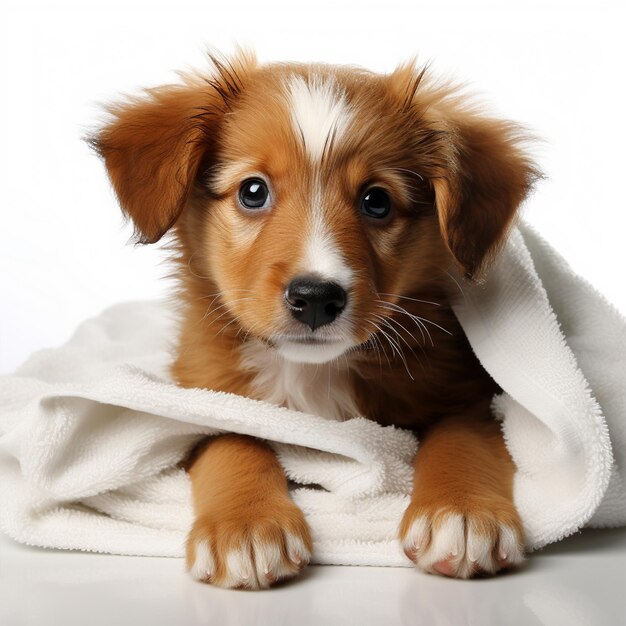 Foto filhote de cachorro com toalha isolada em branco