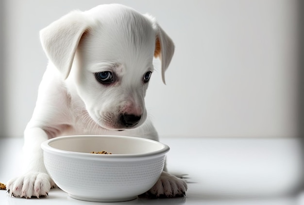 Filhote de cachorro comendo de uma tigela branca isolada em um pano de fundo cinza e branco