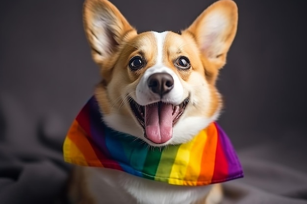 Filhote de cachorro Corgi fofo em bandana arco-íris