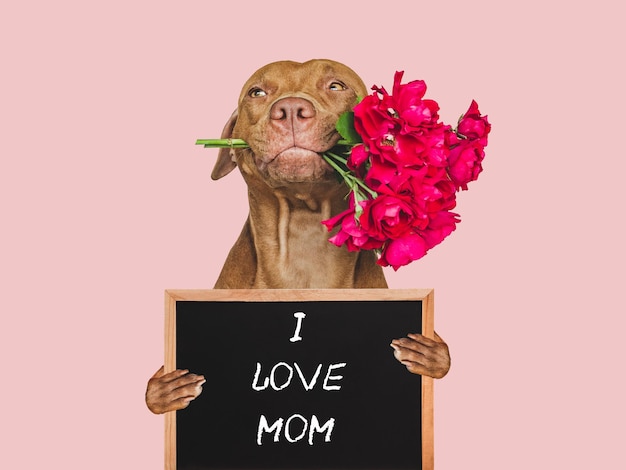 Foto filhote de cachorro e um sinal com palavras de amor para a mãe