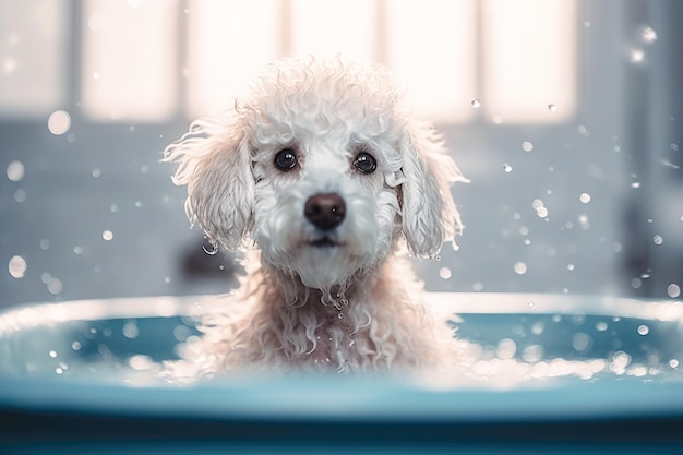 Filhote de cachorro engraçado sentado na banheira esperando pelo banner de preparação para salão de beleza de loja de animais generativo ai