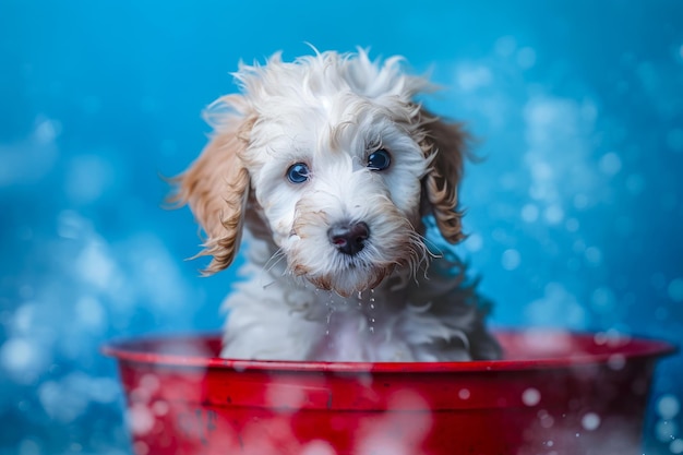 Filhote de cachorro engraçado sentado na banheira esperando pelo banner de preparação para salão de beleza de loja de animais generativo ai