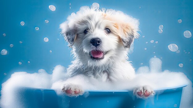 Filhote de cachorro engraçado sentado na banheira esperando pelo banner de preparação para salão de beleza de loja de animais generativo ai