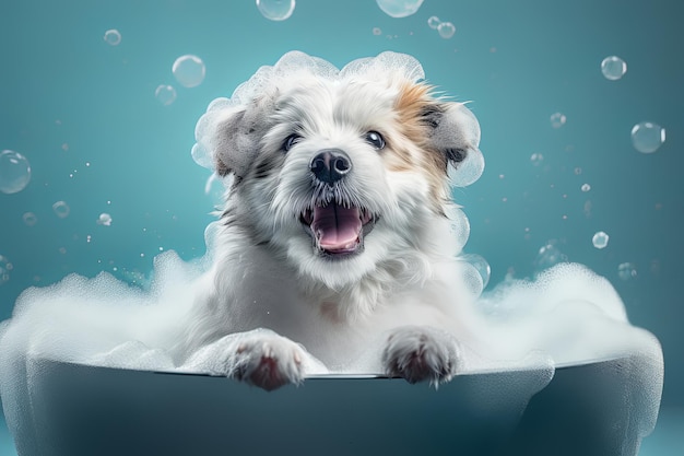 Filhote de cachorro engraçado sentado na banheira esperando pelo banner de preparação para salão de beleza de loja de animais generativo ai